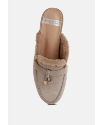 Womens Bosnia Suede & Faux Fur Slip On Mules