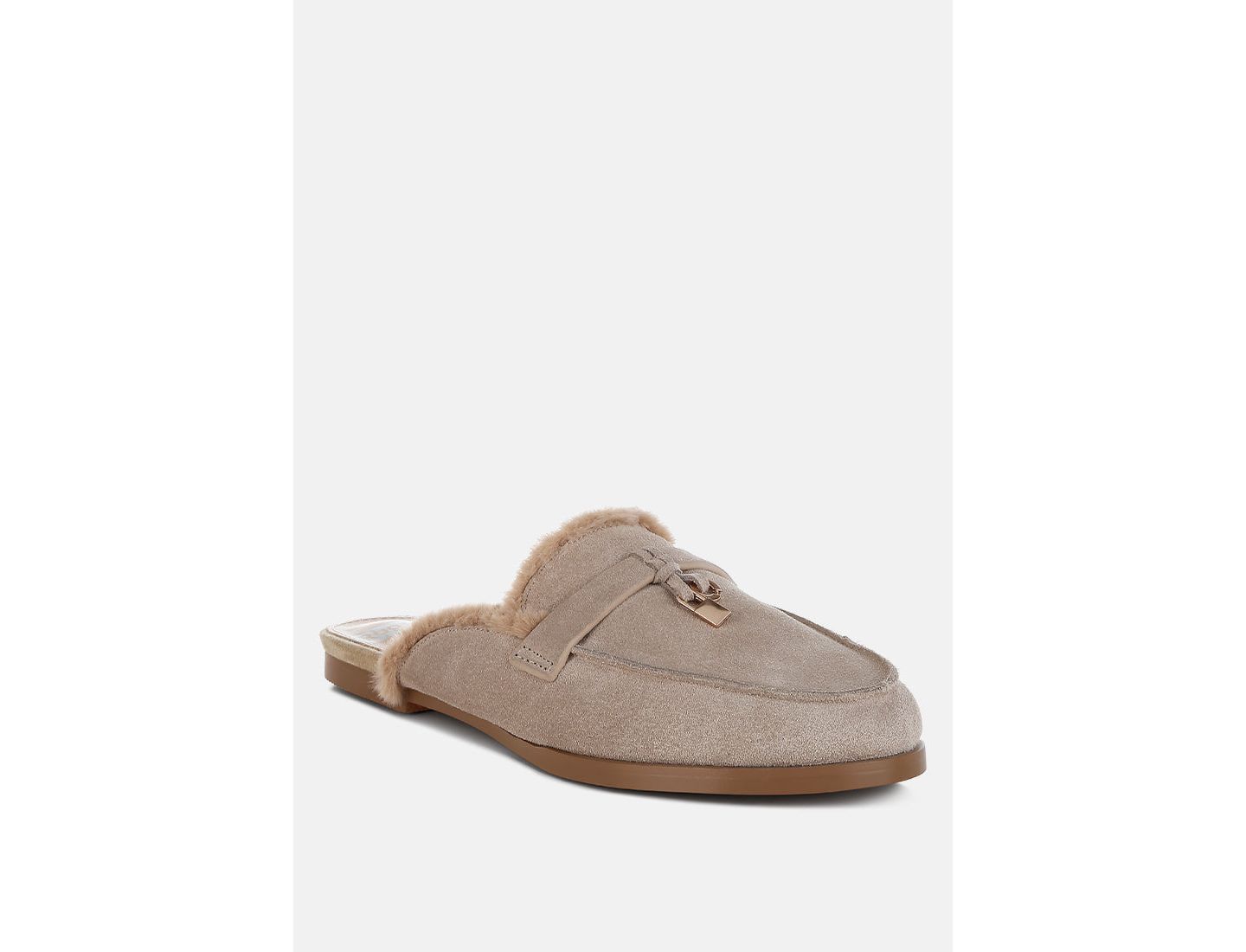 Женские сабо Rag & Co Bosnia Suede and Faux Fur Slip On Mules, цвет: Бежевый замшевый кожаный — фото 4