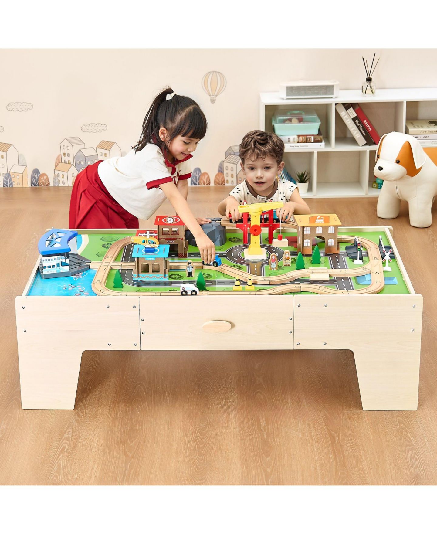 Детские конструкторы Slickblue Train 62-Piece Wooden Activity Table with Storage Drawer, Ages 2-5 Years, цвет: Натуральный — фото 2