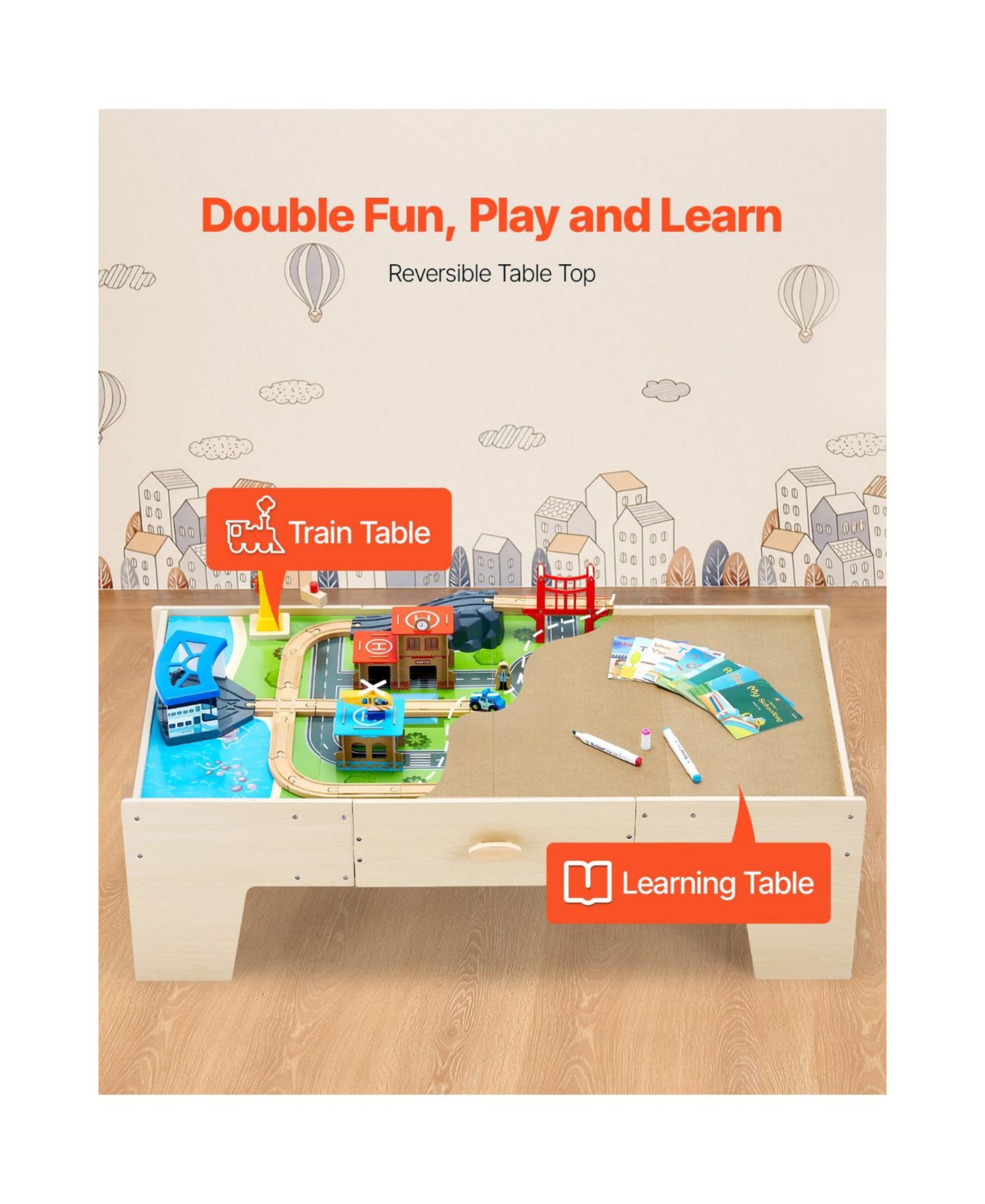 Детские конструкторы Slickblue Train 62-Piece Wooden Activity Table with Storage Drawer, Ages 2-5 Years, цвет: Натуральный — фото 10