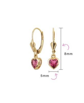 Petite 14K Yellow Gold Bezel Set Ruby Red Tourmaline Heart Dangle Earrings Lever-Back
