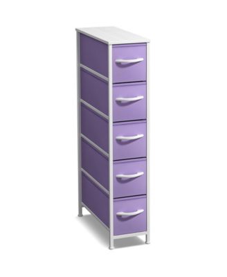 Narrow Dresser with 5 Drawers - Steel Frame, Wood Top & Easy Pull Fabric Bins