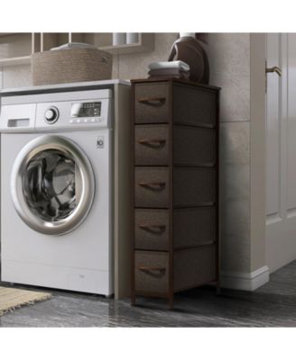 Narrow Dresser with 5 Drawers - Steel Frame, Wood Top & Easy Pull Fabric Bins