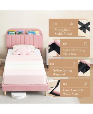 Bed Frame with Bookcase Headboard - Upholstered Velvet Platform Bed, 890LB Capacity, Noise-Free, Heavy-Duty Steel Legs, Easy Assembly