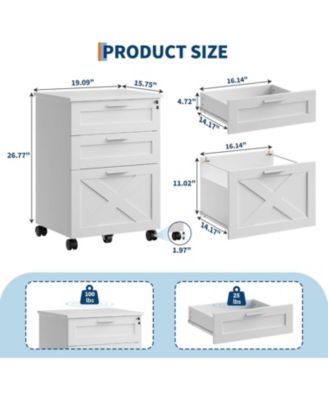 3-Drawer Rolling File Cabinet with Lock, Wooden Mobile Filing Cabinet for Home Office & Under Desk Storage, White