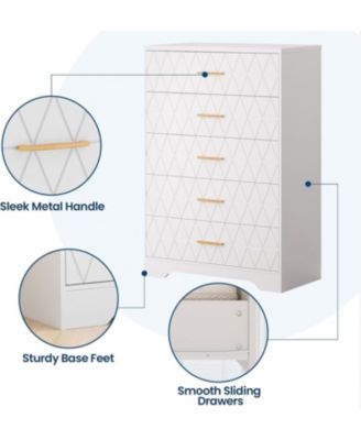 5-Drawer Tall Dresser for Bedroom, Wooden Chest of Drawers with Gold Handles for Closet Storage, White