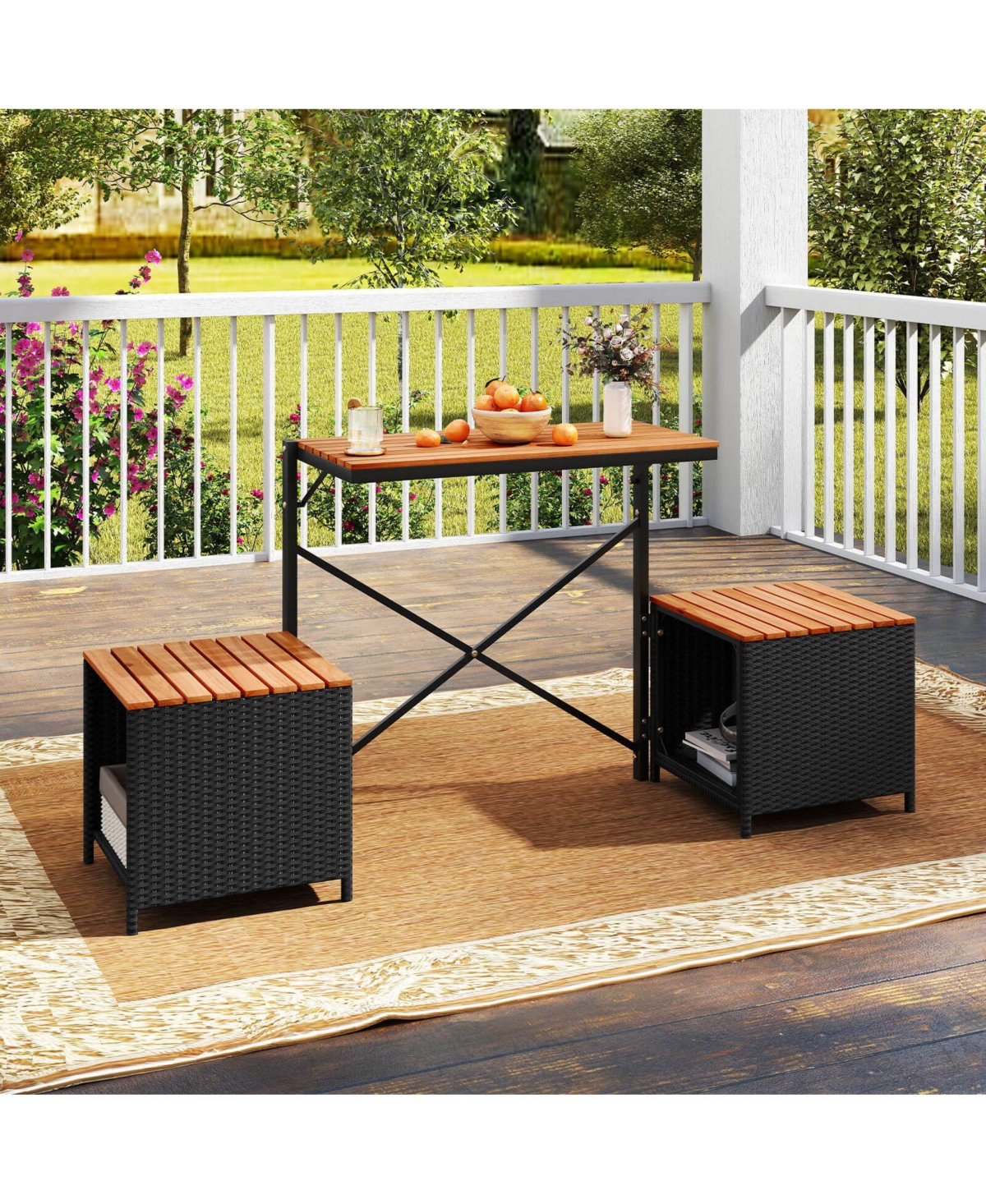 Costway 2-in-1 Outdoor Convertible Bench with Metal Frame Pe Rattan Table and Chairs Set