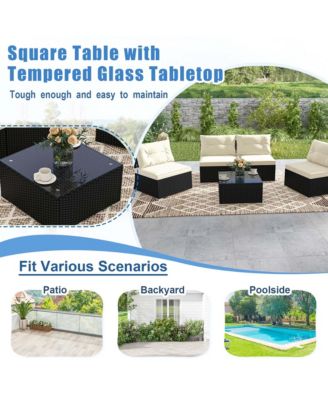 5 Pieces Outdoor Furniture Set with Seat & Back Cushions Tempered Glass Tabletop