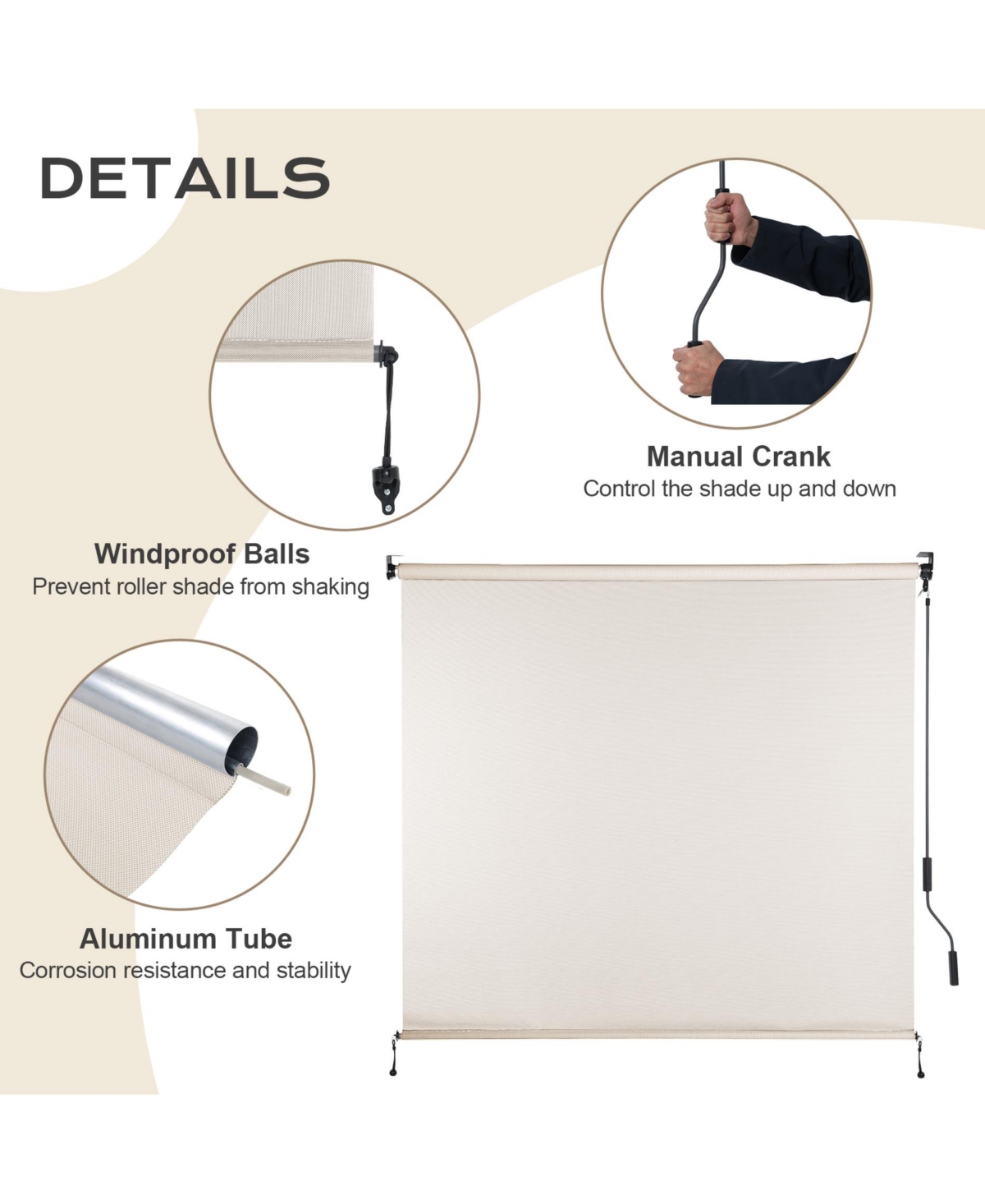 Aoodor 5% Openness Cordless Solar Fabric Roller Shade, Sun Shade for Outdoor Gazebo or Pergola, 95% Uv Protection Blinds Porch Backyard