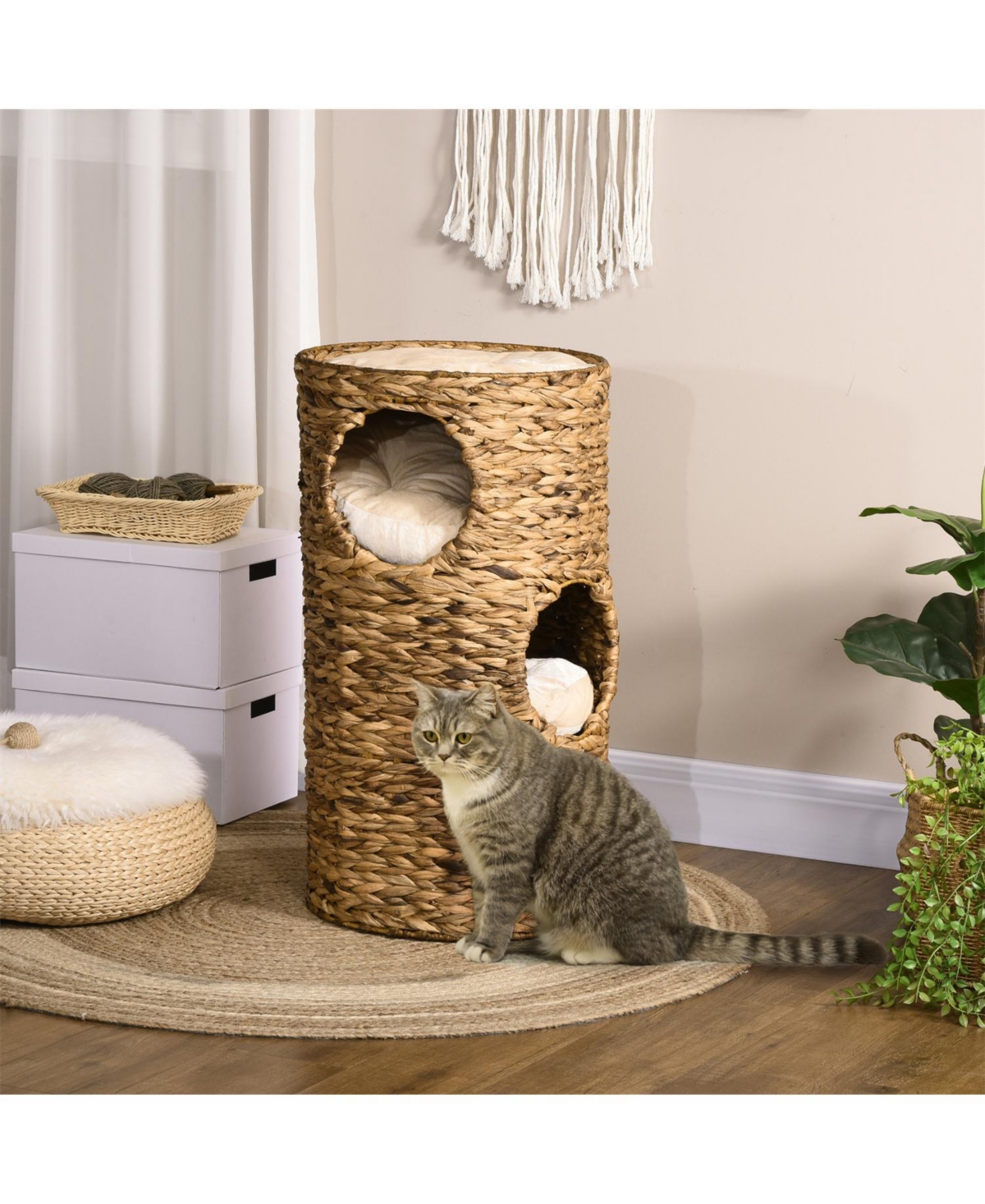 Aostirmotor Cat Tower with Three Hideaways & Four Soft Plush Cushions in Brown