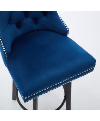 Streamdale Navy Blue Velvet Swivel Bar Stools with Ring Pull, Set of 2