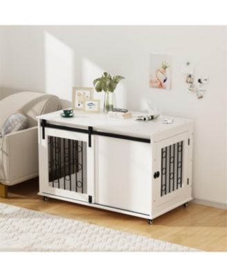  Dog Crate with Metal Bars and Lockable Wheels in White
