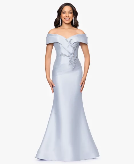 Petite Off-the-Shoulder Fit & Flare Gown - Light Blue