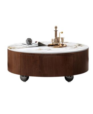Round Wood Coffee Table with Faux Marble Tabletop