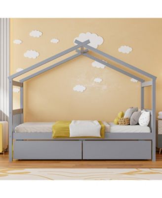 Twin Size Wooden House Bed with Drawers