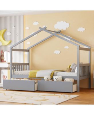 Twin Size Wooden House Bed with Drawers