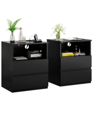 End Table with USB C Charging, 2 Drawers, Storage Cabinet - Black
