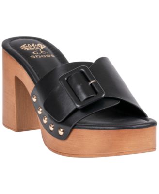 Women's York Buckle Wooden Block Heel Platform Sandals