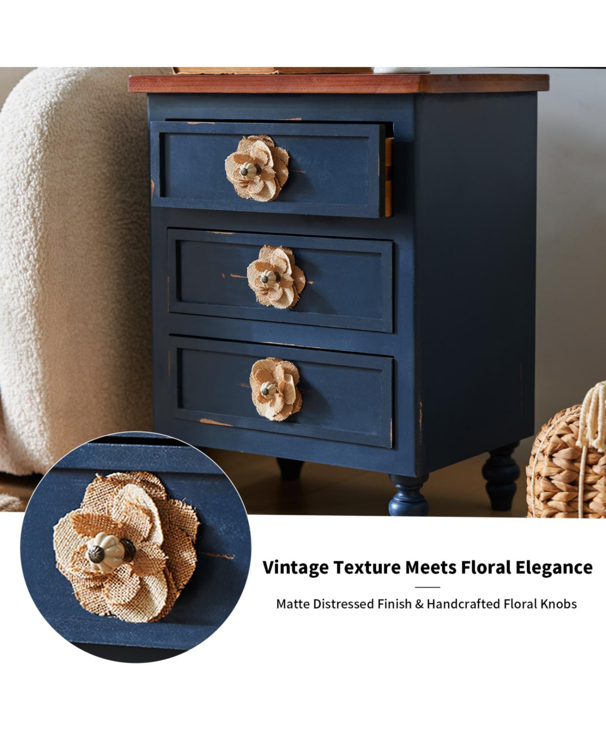 Streamdale Furniture Vintage Farmhouse End Table - 19" Rustic Nightstand, 3 Drawers