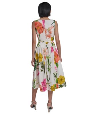 Women's Boat-Neck Belted Sleeveless Dress