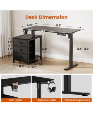 47x24" Sit-Stand Desk Height Adjustable Computer Desk with 2 Hooks, Storage Drawers, Printer Cabinet, Brown