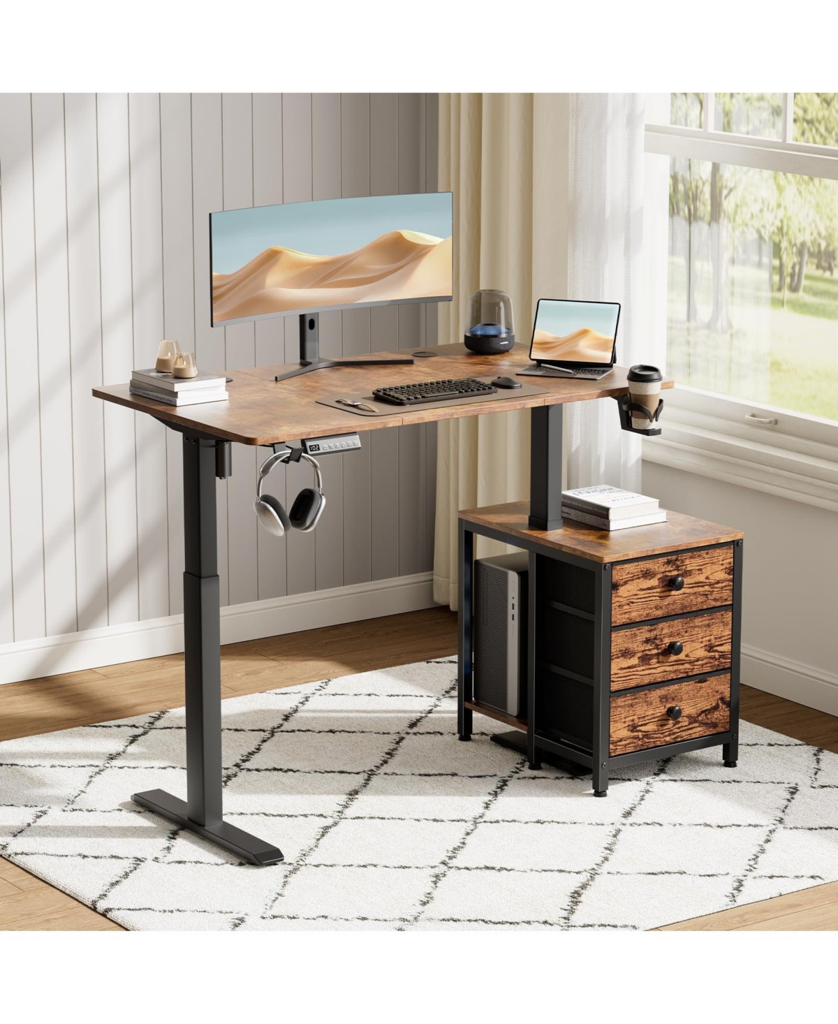 Homlux 47x24" Sit-Stand Desk Height Adjustable Computer with 2 Hooks, Storage Drawers, Printer Cabinet, Brown