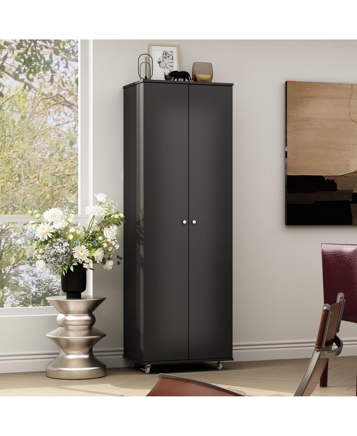 2-door shoe cabinet with Adjustable shelves, versatile storage, sturdy and durable, universal wheel design, four wheels, two brakes,black ra