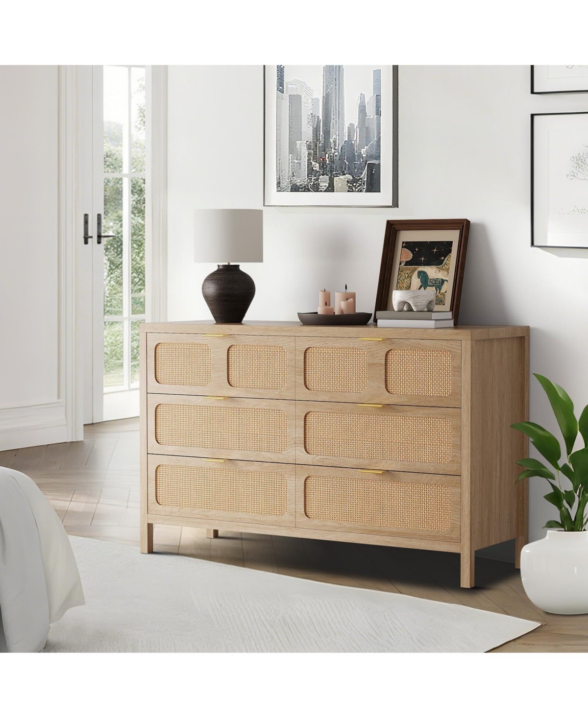 gaomon 6-Drawer Dresser, Rattan Storage Chest with Metal Handles & Wood Legs for Bedroom
