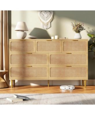 Rattan 7 Drawer Dresser for Bedroom, Tall Chest of Drawers with Deep Storage and Wide Top, Beige