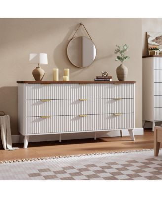 Fluted Dresser for Bedroom, 9 Deep Drawer Modern Wood Storage Chest, White