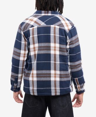 Men's Cotton Plaid Flannel Button-Up Shirt Jacket With Faux Shearling Lining