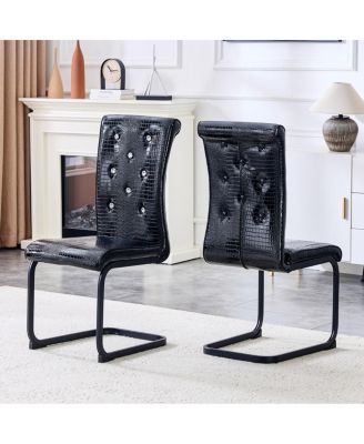  Set of 2 Retro Alligator Upholstered Dining Chairs with Crystal Buckle, Black Legs