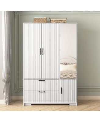Streamdale 4-Door Wardrobe w/ Mirror, LED, 2 Drawers, Rod, Shelves, White