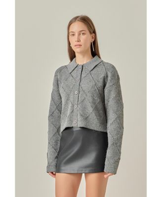 Women's Knit Cardigan Featuring a Lurex Argyle Pattern.