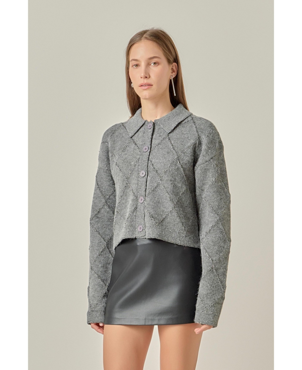 English Factory Women's Knit Cardigan Featuring a Lurex Argyle Pattern.