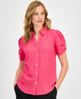 Women's Textured Collared Button-Front Blouse, Regular & Petite