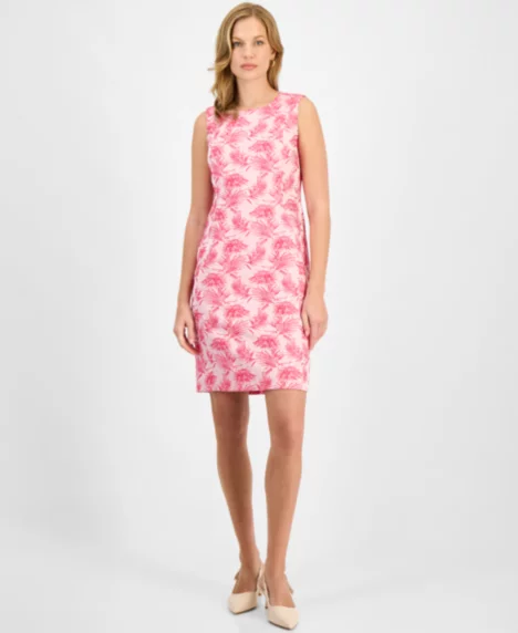 Women's Jacquard Sleeveless Sheath Dress, Regular & Petite - Pink Perfection Multi