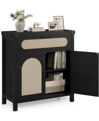 Rattan Sideboard Buffet Cabinet with Drawer, Farmhouse Boho Coffee Bar Storage Console, Black