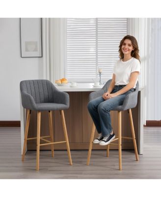 Modern Linen Bar Stools Set of 2 with Back & Armrest