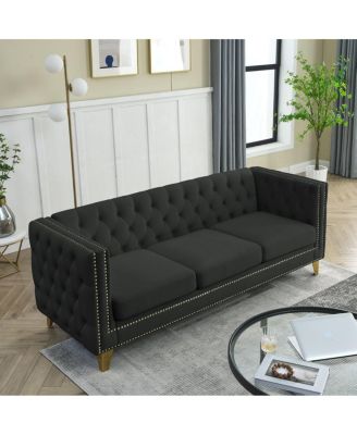  Velvet Sofa for Living Room, Tufted Square Arm Couch, Modern Upholstered Button & Metal Legs