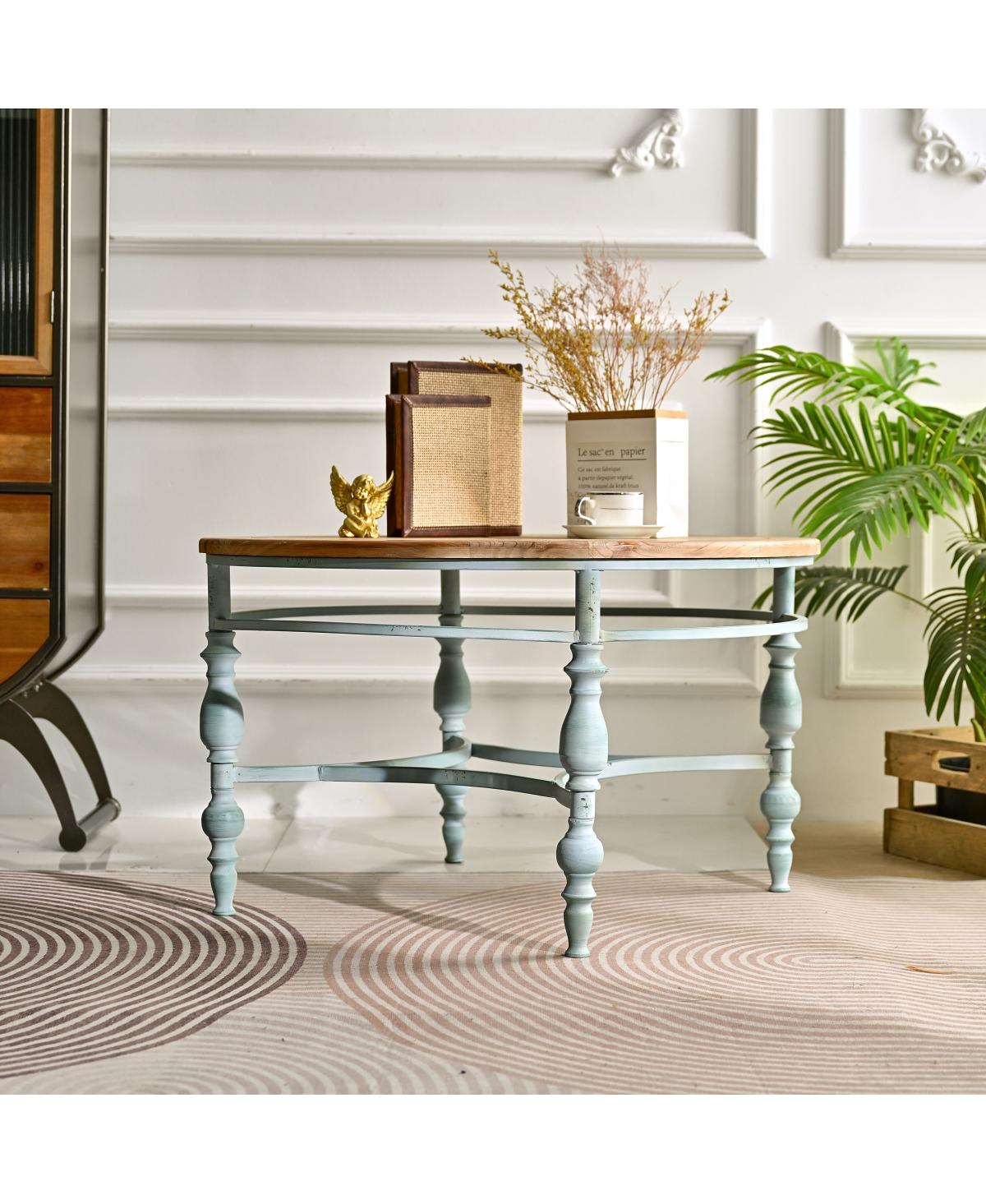 Streamdale Furniture Rustic Wooden Carved Coffee Table with Metal Legs