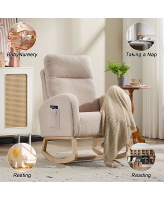 Modern Accent Rocking Chair with Solid Wood Legs & Side Pocket