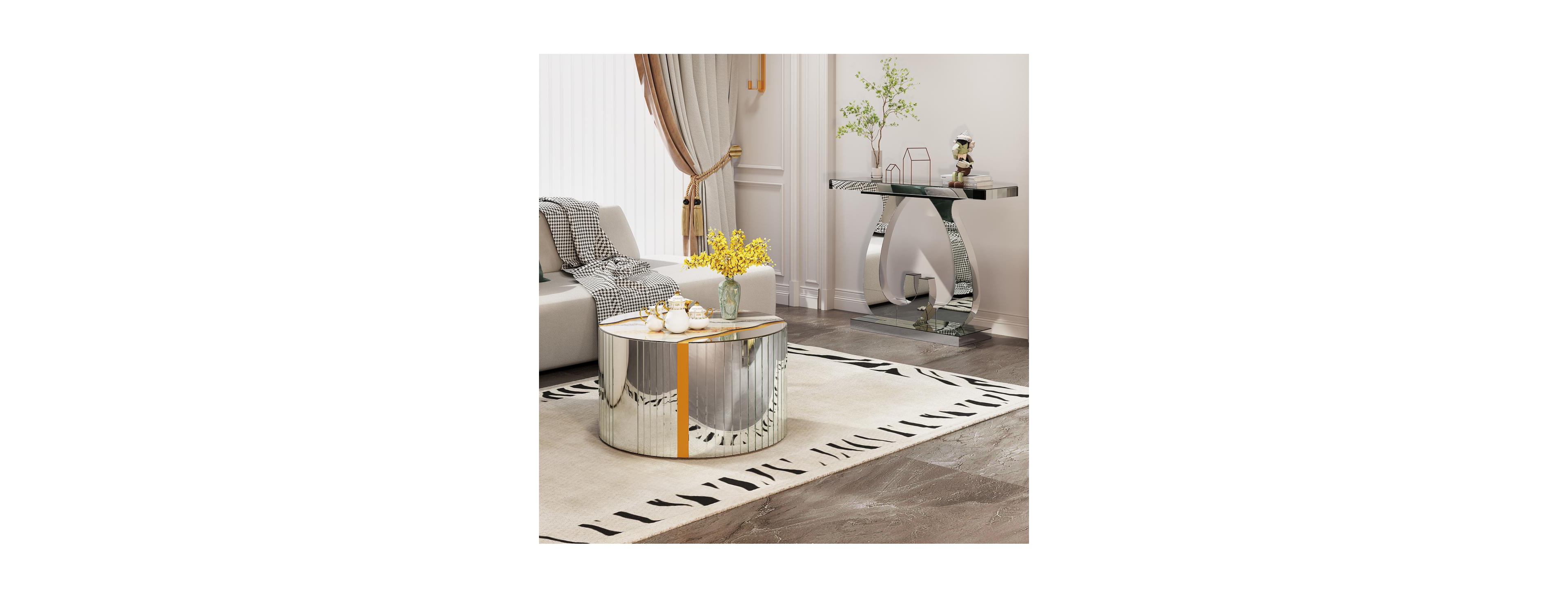 Streamdale Furniture Marble Round Coffee Table with Silver Mirror & Gold Dust Finish