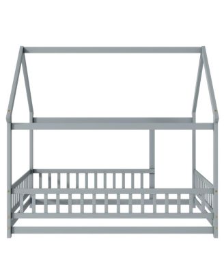 Full Size House Floor Wooden Bed with Roof Frame, Safety Guardrails