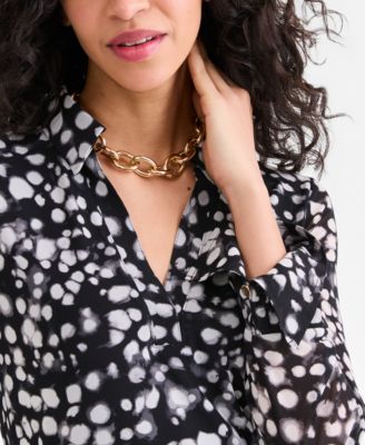 Women's Long-Sleeve Printed Mesh Collared Top