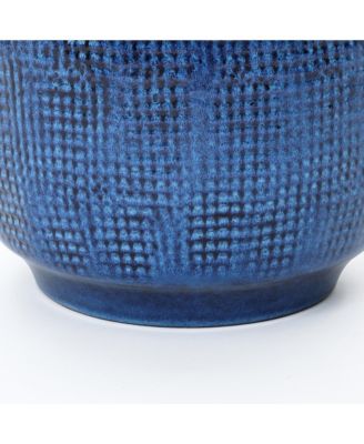 15.75-Inch Round Ceramic Planter, Deep Blue Glaze with Basket Texture