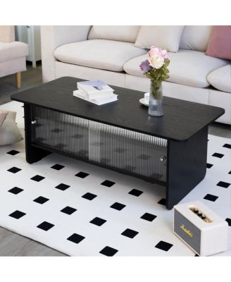 Rectangular Modern Minimalist Coffee Table with Sliding Glass Door Storage