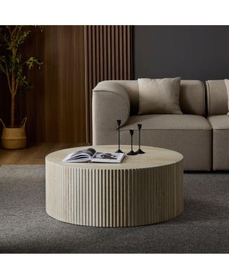 Faux travertine Round Coffee Table with Eye-Catching Relief Design, Travertine
