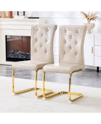 Set of 2 Retro Alligator Upholstered Dining Chairs with Crystal Buckle & Gold Legs