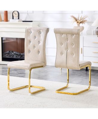 Set of 2 Retro Alligator Upholstered Dining Chairs with Crystal Buckle & Gold Legs